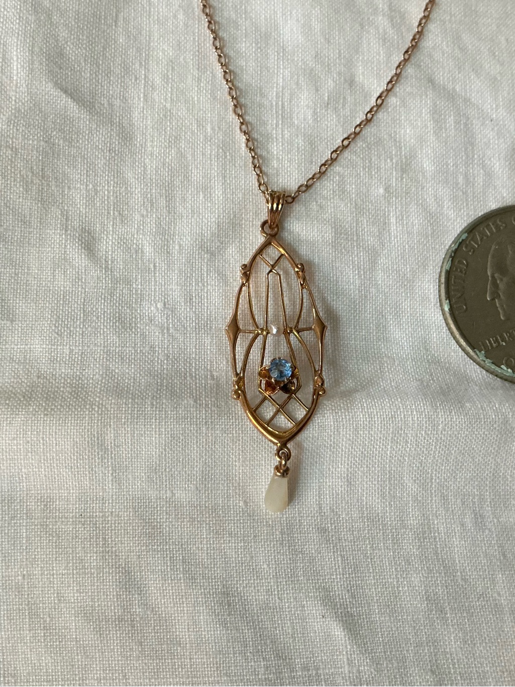 Vintage 10kt Yellow Gold Pearl And Topaz Lavalier (135-11b)